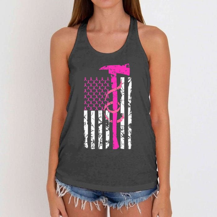 Firefighter Breast Cancer Awareness USA Flag Pink Ribbon Women's Knotted Racerback Tank