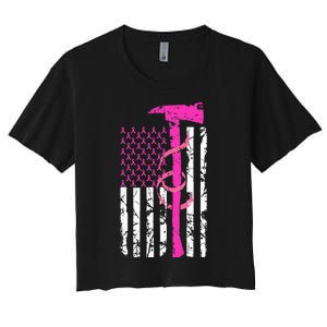 Firefighter Breast Cancer Awareness USA Flag Pink Ribbon Women's Crop Top Tee