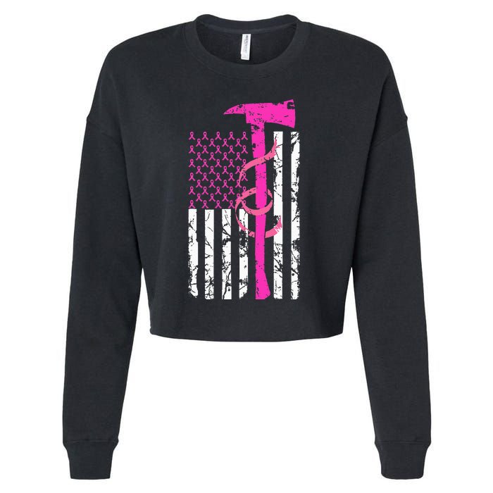 Firefighter Breast Cancer Awareness USA Flag Pink Ribbon Cropped Pullover Crew