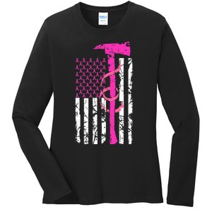 Firefighter Breast Cancer Awareness USA Flag Pink Ribbon Ladies Long Sleeve Shirt