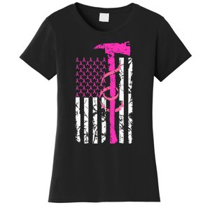 Firefighter Breast Cancer Awareness USA Flag Pink Ribbon Women's T-Shirt