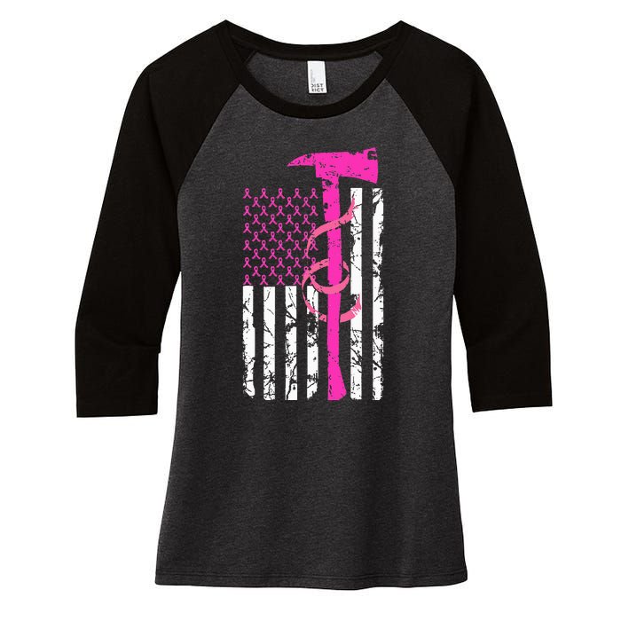 Firefighter Breast Cancer Awareness USA Flag Pink Ribbon Women's Tri-Blend 3/4-Sleeve Raglan Shirt