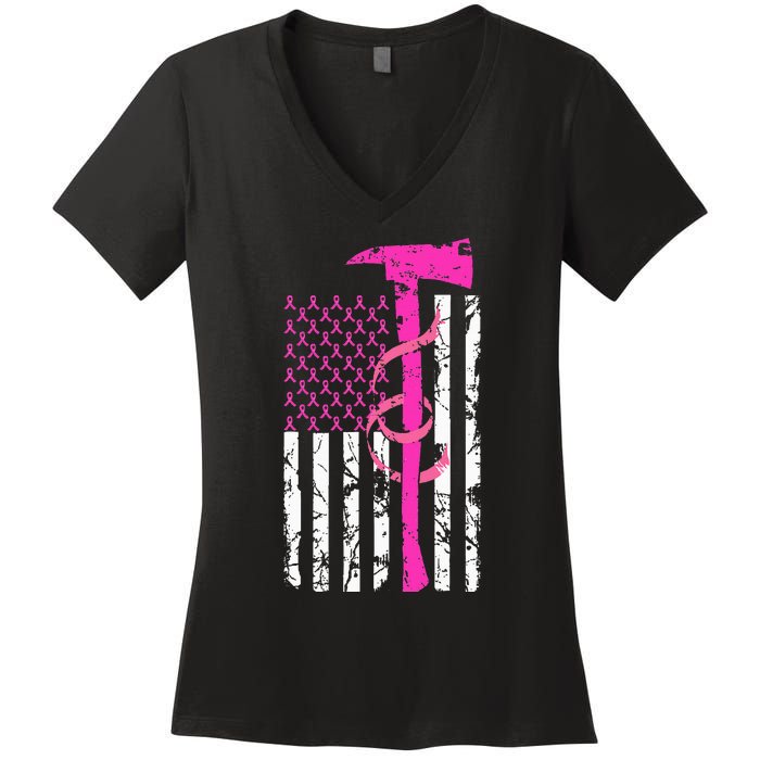 Firefighter Breast Cancer Awareness USA Flag Pink Ribbon Women's V-Neck T-Shirt