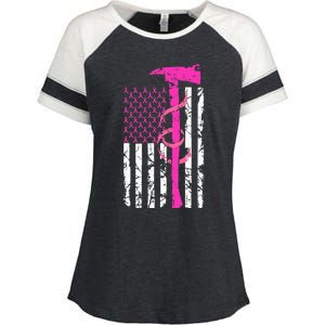 Firefighter Breast Cancer Awareness USA Flag Pink Ribbon Enza Ladies Jersey Colorblock Tee