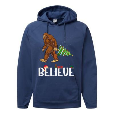 Funny Bigfoot Christmas Tree Lights Funny Sasquatch Believe Performance Fleece Hoodie