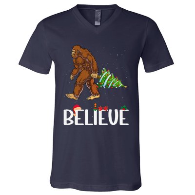 Funny Bigfoot Christmas Tree Lights Funny Sasquatch Believe V-Neck T-Shirt