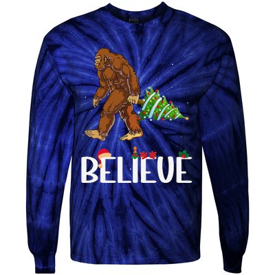 Funny Bigfoot Christmas Tree Lights Funny Sasquatch Believe Tie-Dye Long Sleeve Shirt