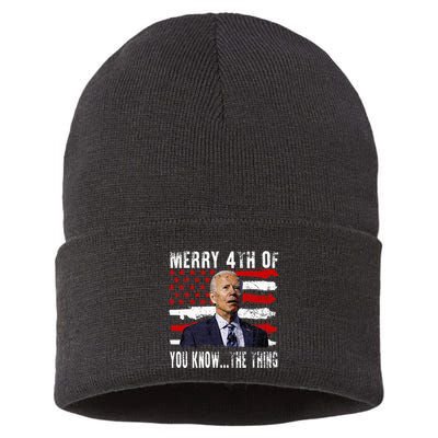 Funny Biden Confused Merry Happy 4th Of You Know...The Thing Sustainable Knit Beanie