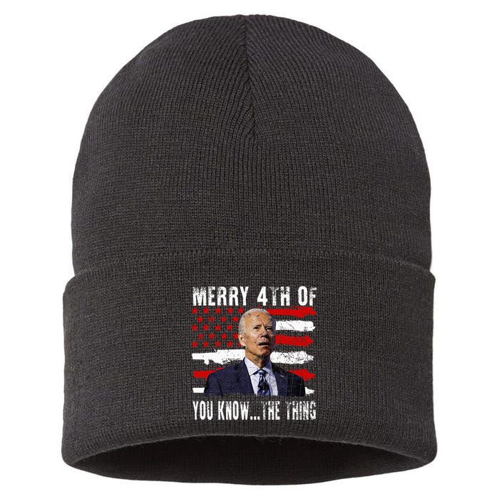 Funny Biden Confused Merry Happy 4th Of You Know...The Thing Sustainable Knit Beanie