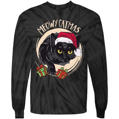 Funny Black Cat Christmas Meowy Catmas Xmas Tie-Dye Long Sleeve Shirt