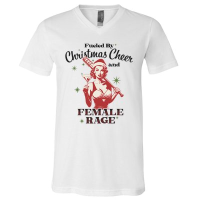 Fueled By Christmas Cheer And Female Rage Funny Liberal V-Neck T-Shirt