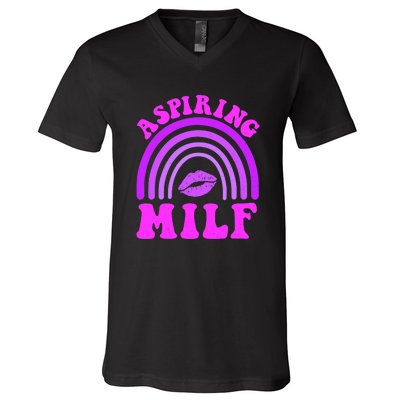 Funny Breast Cancer Aspiring Milf Retro Rainbow V-Neck T-Shirt