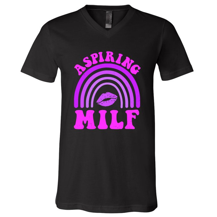 Funny Breast Cancer Aspiring Milf Retro Rainbow V-Neck T-Shirt