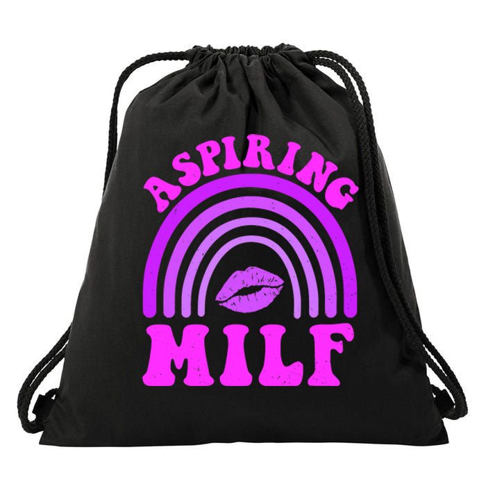 Funny Breast Cancer Aspiring Milf Retro Rainbow Drawstring Bag