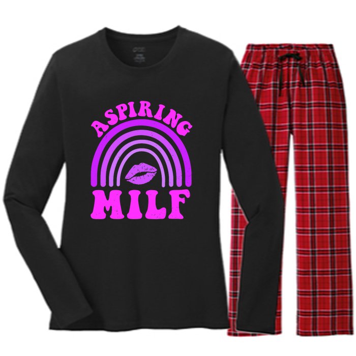 Funny Breast Cancer Aspiring Milf Retro Rainbow Women's Long Sleeve Flannel Pajama Set 