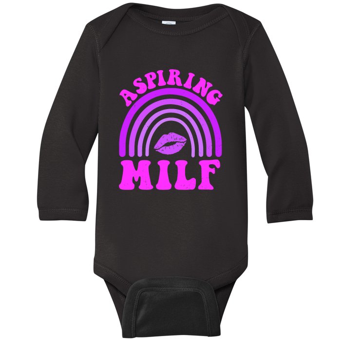 Funny Breast Cancer Aspiring Milf Retro Rainbow Baby Long Sleeve Bodysuit