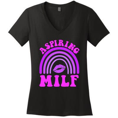 Funny Breast Cancer Aspiring Milf Retro Rainbow Women's V-Neck T-Shirt