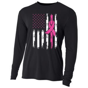 Fight Breast Cancer Awareness Patriotic American US Flag Cooling Performance Long Sleeve Crew