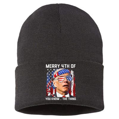 Funny Biden Confused Merry Happy 4th of You Know...The Thing Sustainable Knit Beanie
