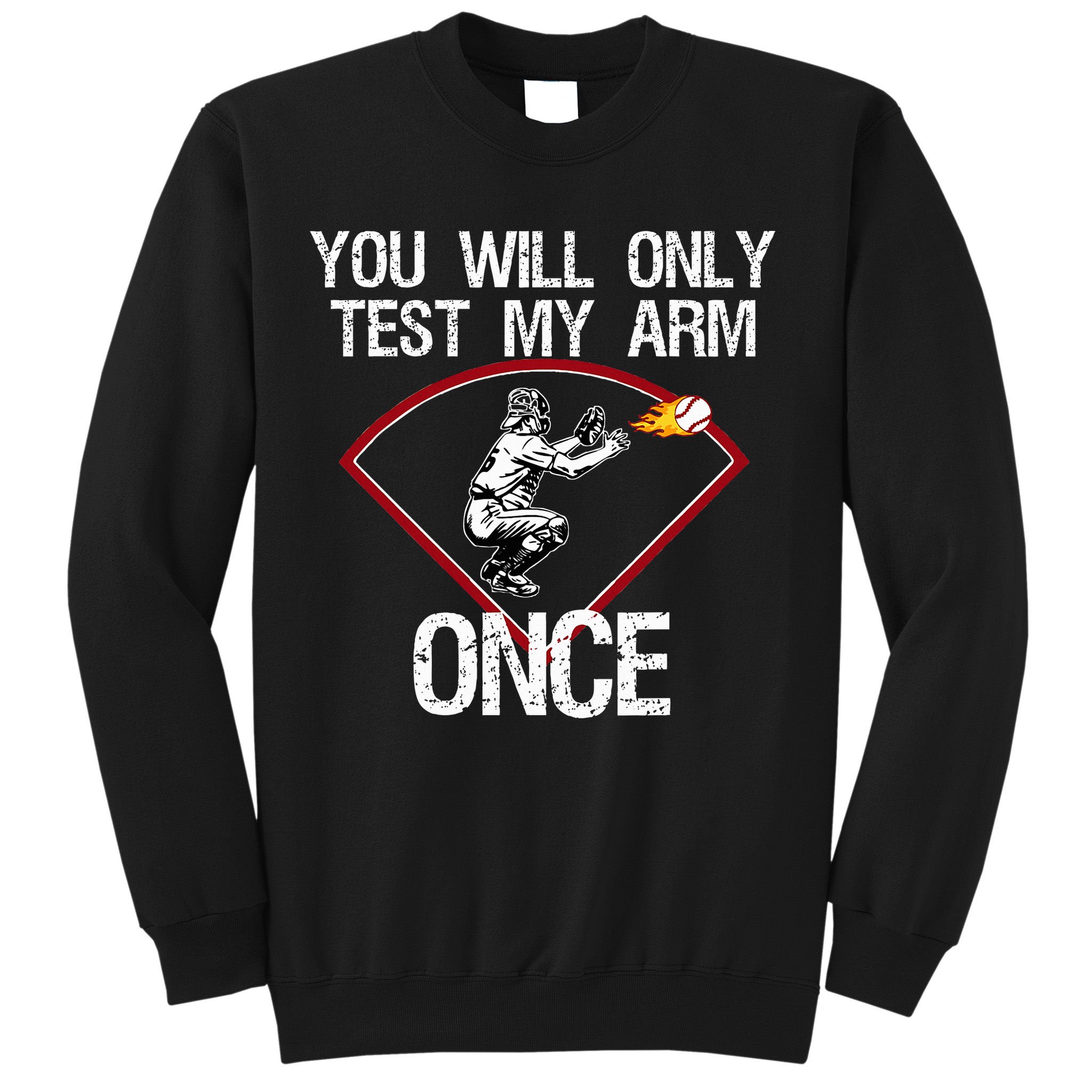 Funny Baseball Catcher You Will Only Test My Arm Once Gift Sweatshirt
