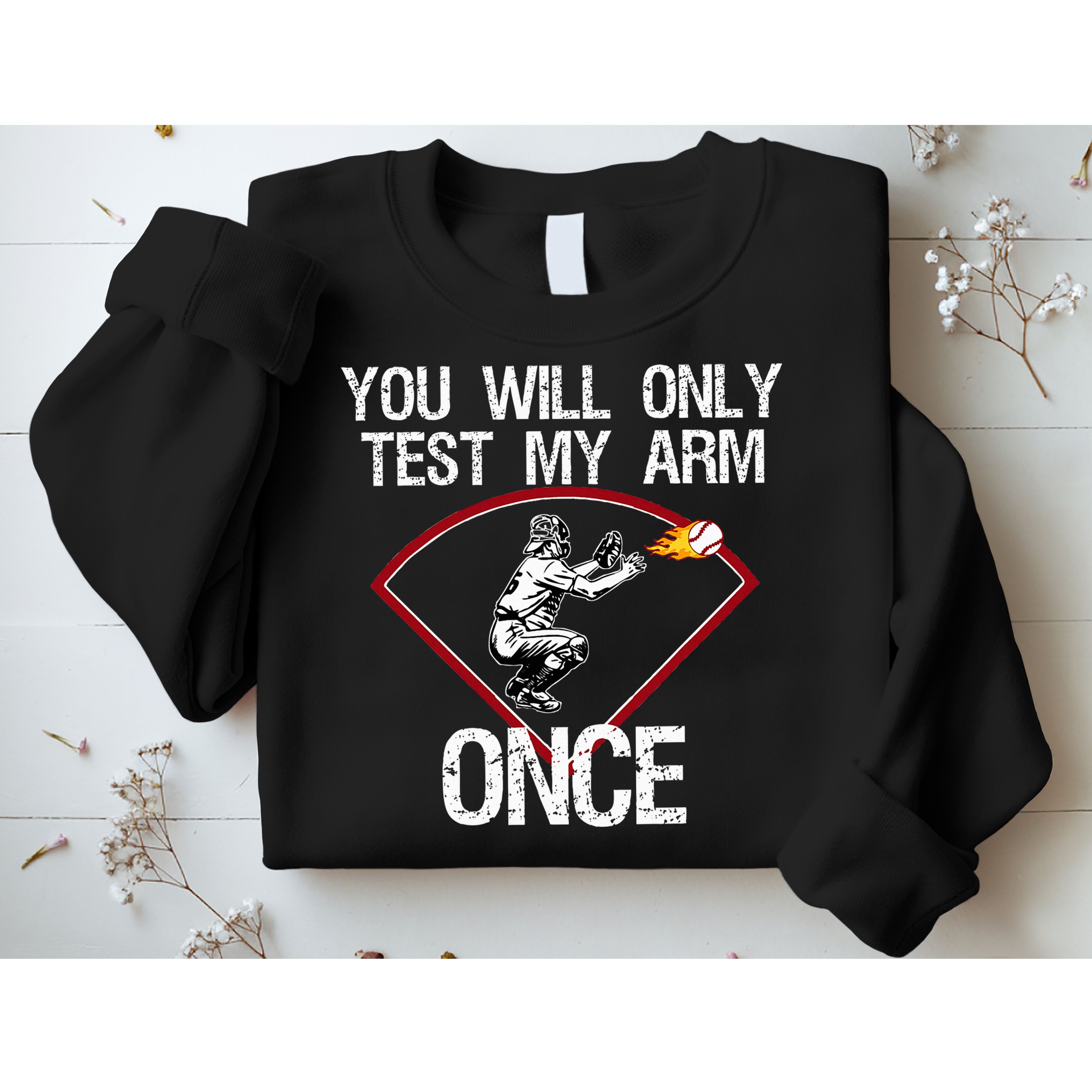 Funny Baseball Catcher You Will Only Test My Arm Once Gift Sweatshirt