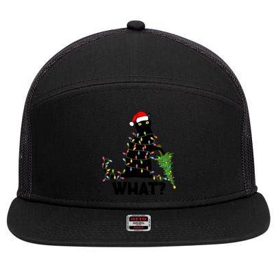 Funny Black Cat Pushing Christmas Tree Over Cat Christmas Gift 7 Panel Mesh Trucker Snapback Hat