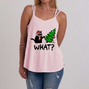 Funny Black Cat Gift Pushing Christmas Tree Over Cat What? Great Gift Women's Strappy Tank