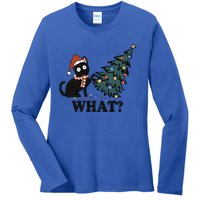 Funny Black Cat Pushing Christmas Tree What? Christmas Cat Meaningful Gift Ladies Long Sleeve Shirt