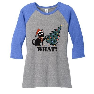 Funny Black Cat Pushing Christmas Tree What? Christmas Cat Meaningful Gift Women's Tri-Blend 3/4-Sleeve Raglan Shirt