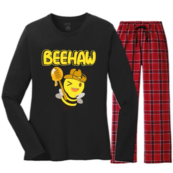 Funny Beehaw Cowboy Bee Cowgirl Bee Country Design Women's Long Sleeve Flannel Pajama Set 