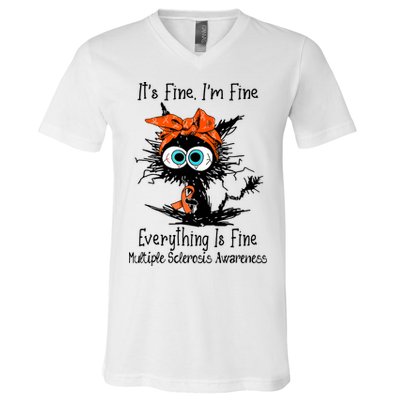 Funny Black Cat Its Fine Im Fine Multiple Sclerosis V-Neck T-Shirt