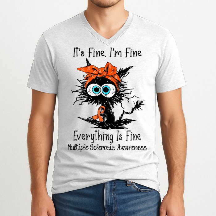 Funny Black Cat Its Fine Im Fine Multiple Sclerosis V-Neck T-Shirt