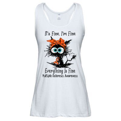 Funny Black Cat Its Fine Im Fine Multiple Sclerosis Ladies Essential Flowy Tank