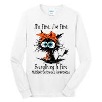 Funny Black Cat Its Fine Im Fine Multiple Sclerosis Tall Long Sleeve T-Shirt