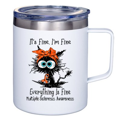 Funny Black Cat Its Fine Im Fine Multiple Sclerosis 12oz Stainless Steel Coffee Mug