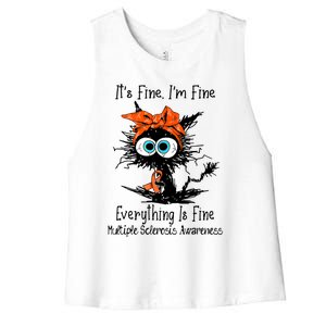 Funny Black Cat Its Fine Im Fine Multiple Sclerosis Women's Racerback Cropped Tank