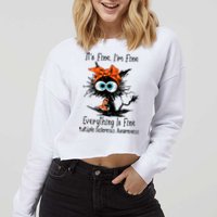 Funny Black Cat Its Fine Im Fine Multiple Sclerosis Cropped Pullover Crew