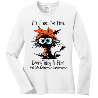 Funny Black Cat Its Fine Im Fine Multiple Sclerosis Ladies Long Sleeve Shirt