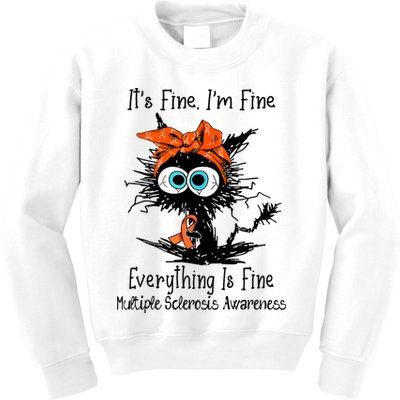 Funny Black Cat Its Fine Im Fine Multiple Sclerosis Kids Sweatshirt
