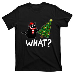 Funny Black Cat Gift Pushing Christmas Tree Over Cat What T-Shirt