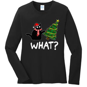 Funny Black Cat Gift Pushing Christmas Tree Over Cat What Ladies Long Sleeve Shirt