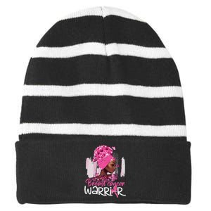 Fighting Breast Cancer Warrior Messy Bun Wear Pink Striped Beanie with Solid Band