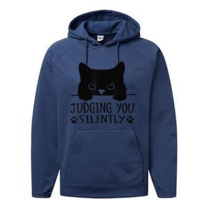 Funny Black Cat Judging You Silently Sarcastic Cat Mom Performance Fleece Hoodie