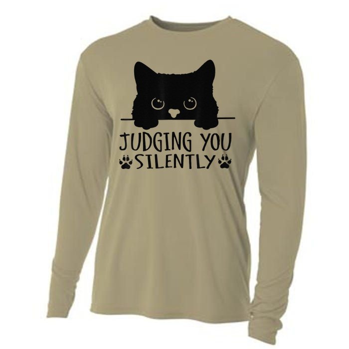 Funny Black Cat Judging You Silently Sarcastic Cat Mom Cooling Performance Long Sleeve Crew