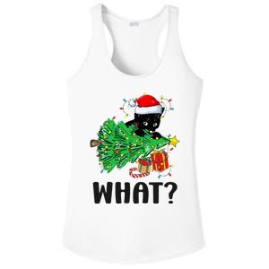 Funny Black Cat Gift Pushing Christmas Tree Over Cat What  Ladies PosiCharge Competitor Racerback Tank