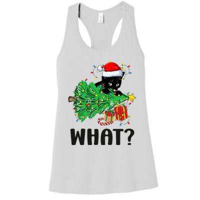 Funny Black Cat Gift Pushing Christmas Tree Over Cat What  Women's Racerback Tank