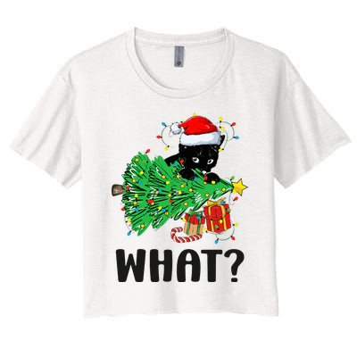 Funny Black Cat Gift Pushing Christmas Tree Over Cat What  Women's Crop Top Tee