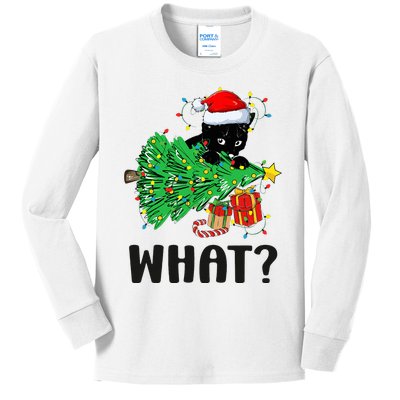 Funny Black Cat Gift Pushing Christmas Tree Over Cat What  Kids Long Sleeve Shirt