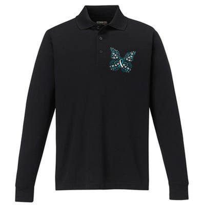 Flower Butterfly Cervical Cancer Awareness Ribbon Gifts Performance Long Sleeve Polo