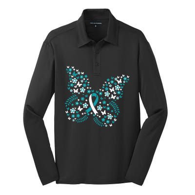 Flower Butterfly Cervical Cancer Awareness Ribbon Gifts Silk Touch Performance Long Sleeve Polo